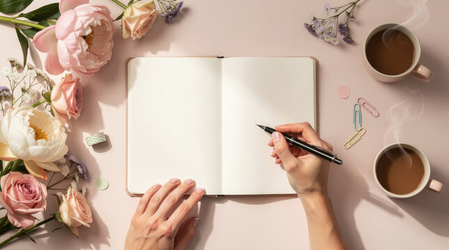 View of a person writing in an open notebook on a soft pink desk with blooming peonies, roses, paper clips, and two cups of steaming coffee