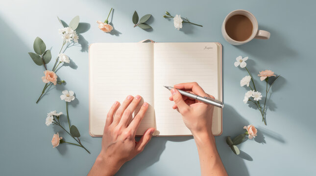 View of hands writing in an open blank notebook on a light blue surface decorated with delicate flowers, leaves, and a cup of coffee nearby
