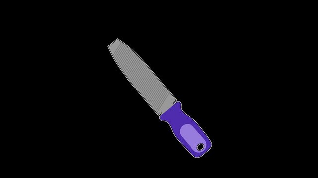 Seamless looping metal file tool animation with a purple handle moving up and down. Industrial workshop and maintenance motion graphic on a transparent alpha channel for repair themes