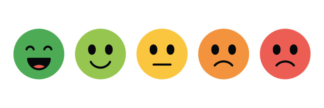 Colorful Feedback Emoji Faces in Vector Style, Rating Scale Emoticons from Happy to Sad