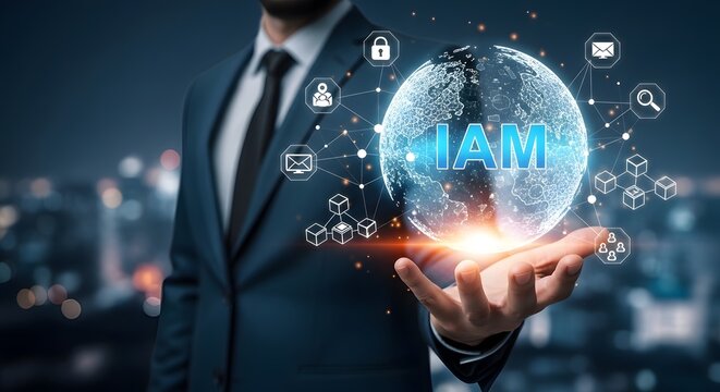 Businessman holding AI and IAM digital icons for identity access management and enterprise security
