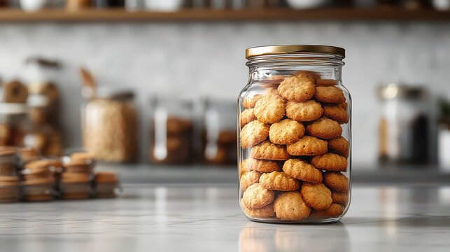 Glass jar filled with delicious cookies on kitchen counter.