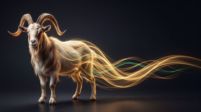 majestic goat with glowing golden horns and flowing light trails on dark background