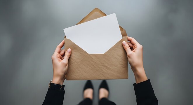 op down view of woman hands opening a brown envelope with a blank white letter