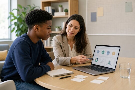 teenage student reviews a career assessment with a counselor in a school office, using a laptop with generic results for education planning, mentoring and future choices