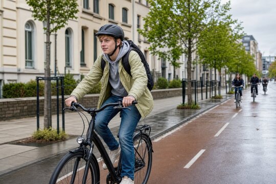 european teenage boy rides a bicycle to school on a rainy city bike lane wearing a helmet and backpack, showing sustainable transport, student independence and daily commute