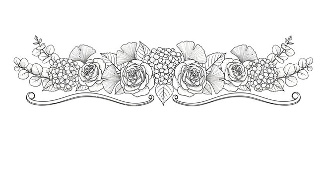 Elegant floral border design with roses ginkgo leaves and hydrangea in grayscale