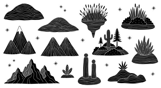 Black and white desert landscape icons, cactus mountain range illustrations, 13 vector graphics