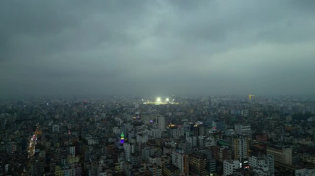 Cinematic aerial sunset view of Mirpur Dhaka city skyline 4K