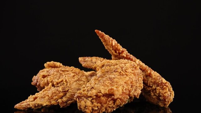 Crispy fried chicken wings rotating on black background, delicious golden-brown fast food meal with crunchy texture.