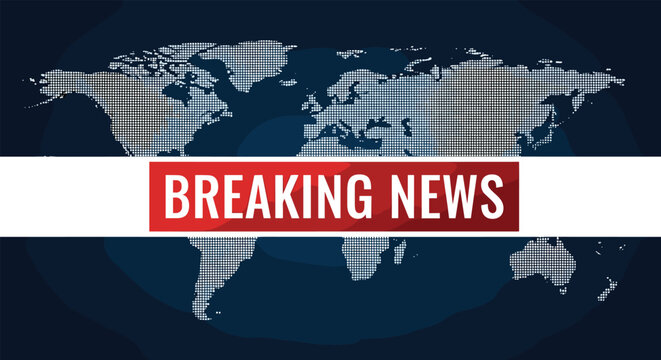 Breaking news headline on a world map background with digital pixels, professional broadcast graphic for television and online media.