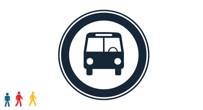 Bus stop or bus lane road sign with a bus silhouette inside a blue circle, transportation icon with small pedestrian figures below.