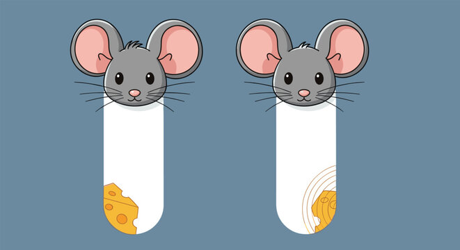 Two mouse characters appearing above blank vertical banners with cheese bits, cute animal bookmarks or note templates for children.