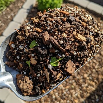 Close-up of potting soil mixture on a shovel for planting preparation