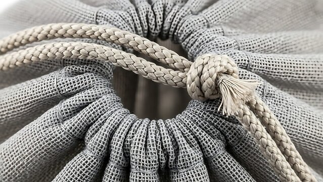 Close-up of a textured drawstring bag with knotted rope closure mechanism