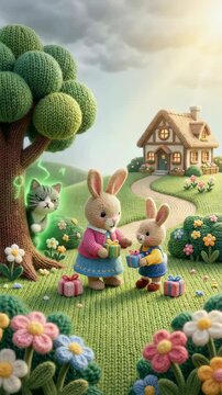 Knitted mother rabbit and child rabbit sharing gift on meadow. Envy of green cat hiding behind tree representing sin. Biblical morality tale in wool craft. Vertical video