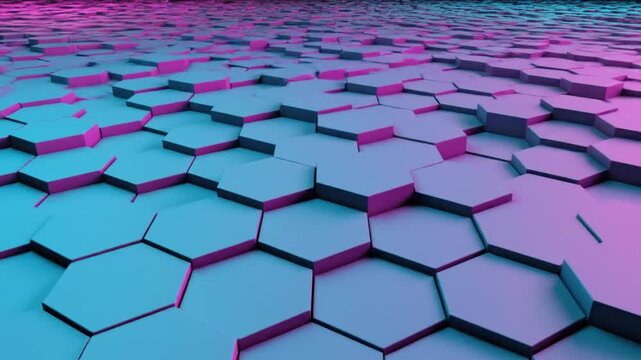 Abstract futuristic hexagonal pattern background of bright vibrant blue and magenta neon lights