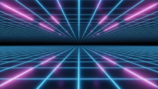 Futuristic retro style blue and pink neon grid background with perspective for digital technology and virtual reality visuals