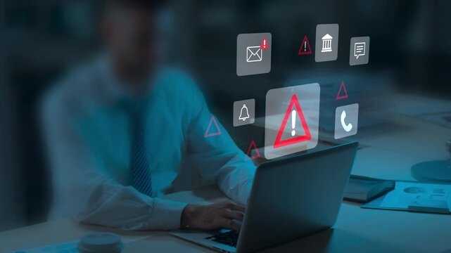 Cybersecurity Warning on Mobile Phone Showing Alert Messages and Phishing Scams Targeting Email, Bank, and Personal Data. Online Safety and Data Protection While Using Smartphone and Laptop at Home.