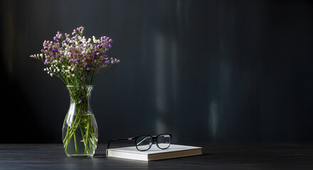 still life with flowers, book, and glasses on dark background © Mst