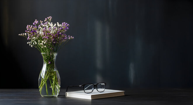 still life with flowers, book, and glasses on dark background