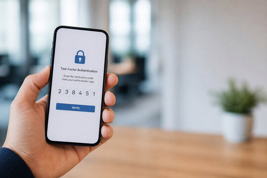 Hand holding smartphone with two-factor authentication 
screen, MFA verification code, mobile security concept