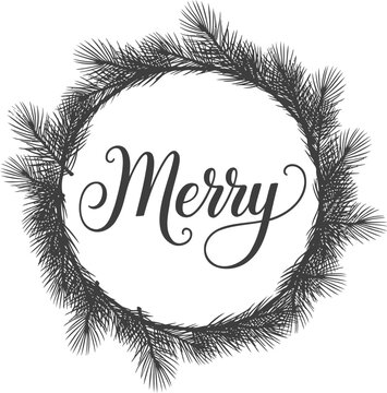 Black and white christmas wreath with merry text