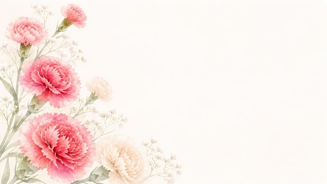 Elegant Watercolor Pink and Cream Carnation Floral Background With Soft Ivory Texture
