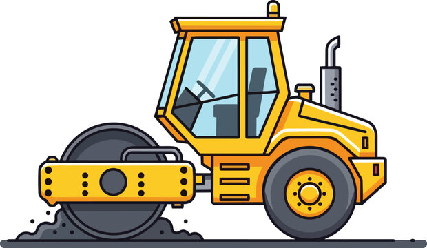 A yellow road roller compactor machine is flattening soil on a construction site with its large drum.