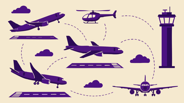 Aviation and Air Travel Illustration with Various Aircraft and Control Tower
