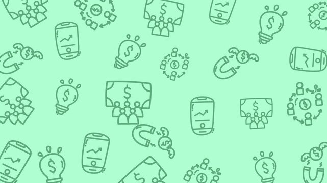 Seamless looping fintech pattern with digital payment, mobile banking, growth charts, and money icons in minimal doodle style on soft green background. Modern finance animation.
