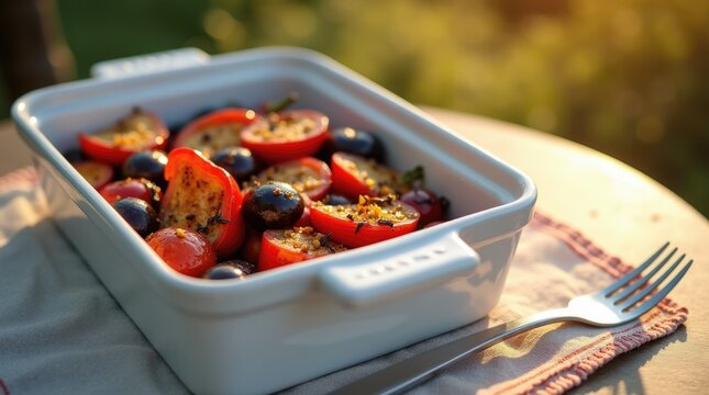 White rectangular dish with roasted eggplant peppers, ovenproof vegetable roaster, rustic Mediterranean serveware