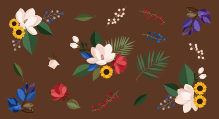 Fototapeta premium Floral illustrations on brown background perfect for design elements
