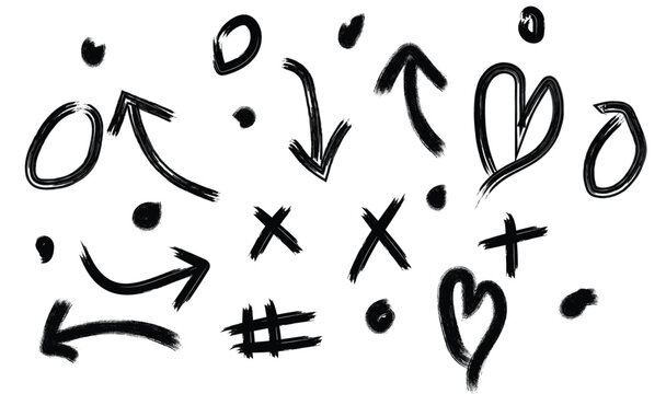 Hand-drawn brush stroke symbols including arrows hearts dots crosses a hashtag against a white background with collection abstract background scribble 