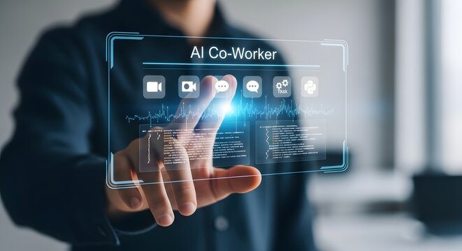 Businessman interacting with AI co-worker hologram and automated workplace assistant technology