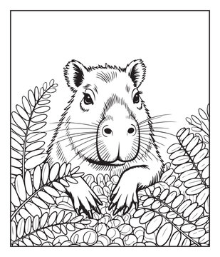 Cute cartoon capybara in nature hand drawn black line art coloring page for kids, Creative and funny activity book doodle illustration