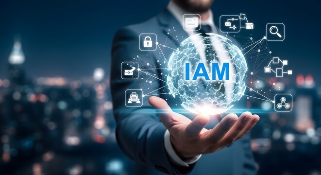 Businessman holding AI and IAM digital icons for identity access management and enterprise security