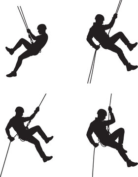 Set of silhouettes of a climber rappelling down a rope