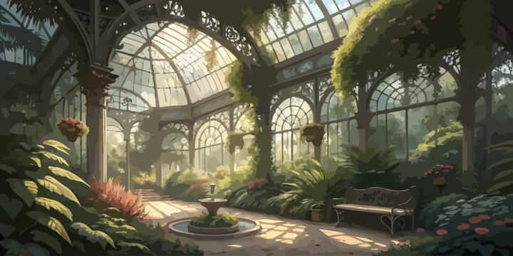 Sunlit victorian greenhouse interior with lush greenery and architectural details victorian architecture botanical garden glass roof temperate house glass walls green space greenhouse interior