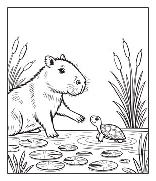 Cute cartoon capybara playing with turtle hand drawn black line art coloring page for kids, Creative and funny activity book doodle illustration
