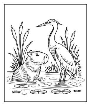 Cute cartoon capybara with heron in water hand drawn black line art coloring page for kids, Creative and funny activity book doodle illustration