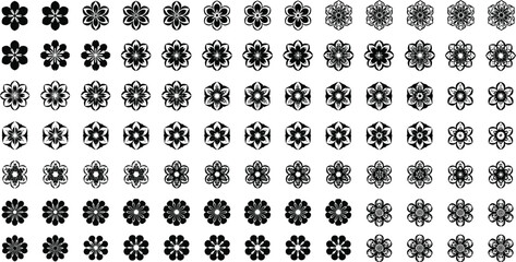 Obraz premium Black floral ornament set with decorative flower shapes, mandala style elements collection, abstract botanical icons isolated on white background vector illustration