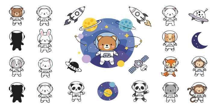 Art & Illustrationcute cartoon animals in astronaut suits exploring space with planets and rockets
