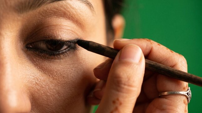 close up woman applying black kohl eyeliner for dramatic eye makeup look