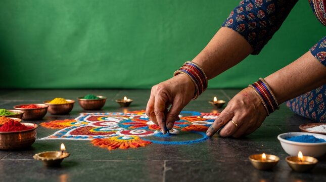 hands creating vibrant rangoli art with diyas during festive celebration