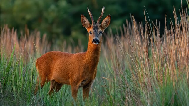 A brown roe deer stands alert in a field with green and brown tall grasses. Use for wildlife articles, conservation, or nature-themed design.