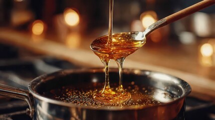 Fototapeta premium Golden syrup flows from a spoon into a simmering pot on the stove. Use this for articles about cooking, sweets, or delicious dessert recipes.