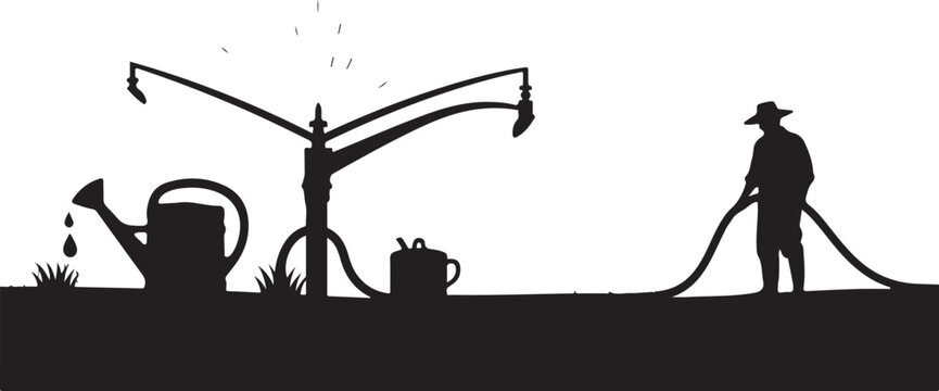 Silhouette of man watering plants with hose and sprinkler