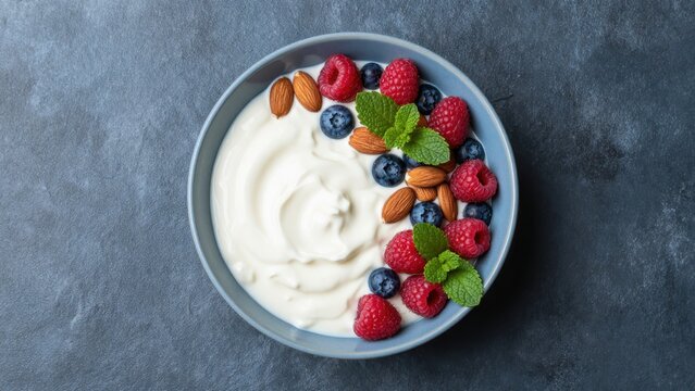 Yogurt Bowl Topped with Fresh Berries and Almonds