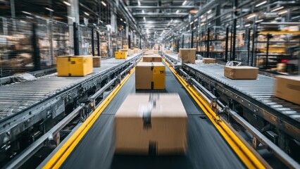 Fototapeta premium Packages Moving on Conveyor in High-Tech Warehouse Environment